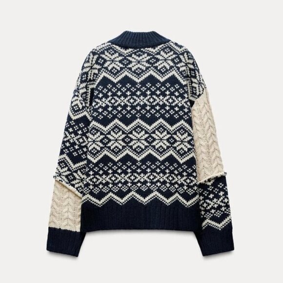 Zara Cable Knit Jacquard Cardigan Wool Ecru Blue Zip Up Jacket Small S New - Picture 4 of 7